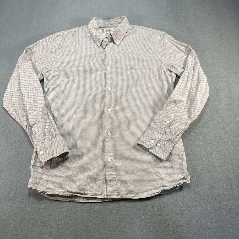 Brooks Brothers Red Fleece Men's Medium Button Down Long Sleeve Tan Gray Plaid